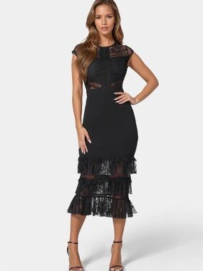 bebe Black Lace Tiered Midi Dress